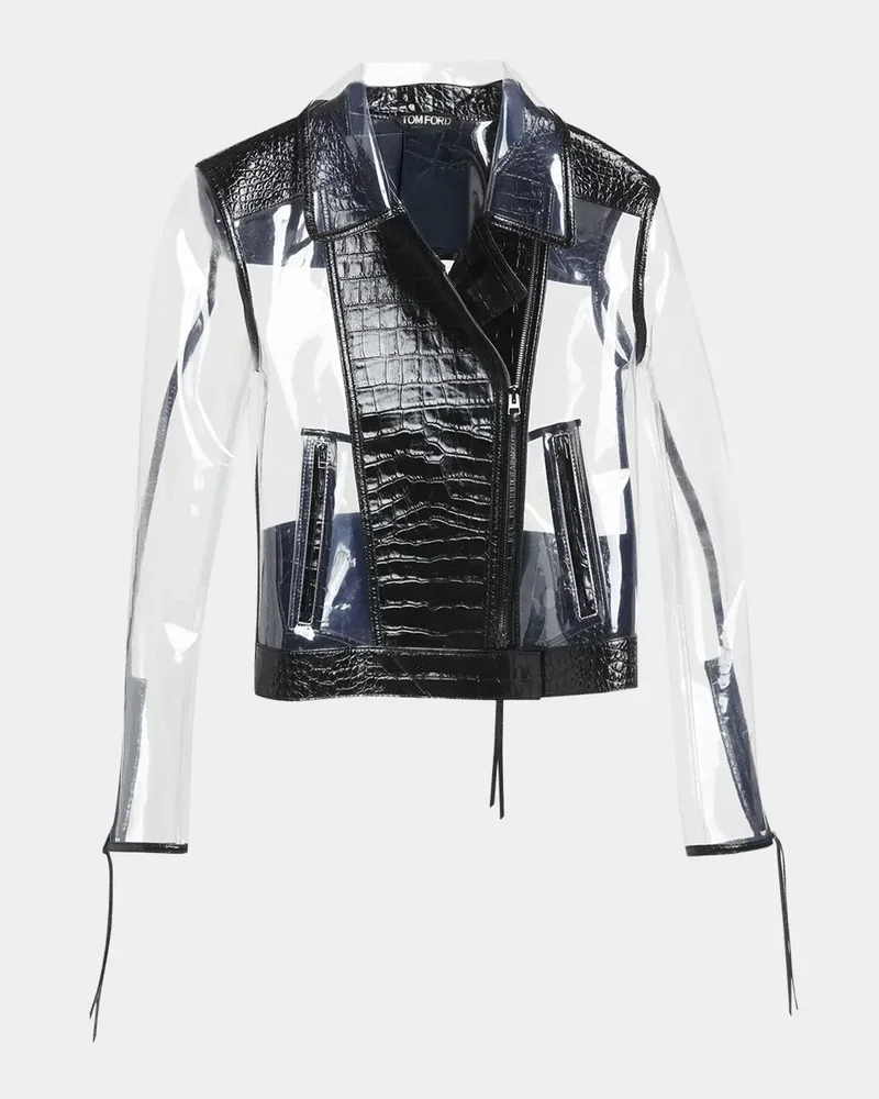 Glass-Effect Technical Croco Leather Moto Jacket