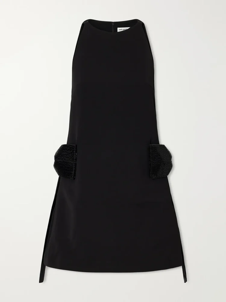 Bow-detailed bead-embellished crepe mini dress