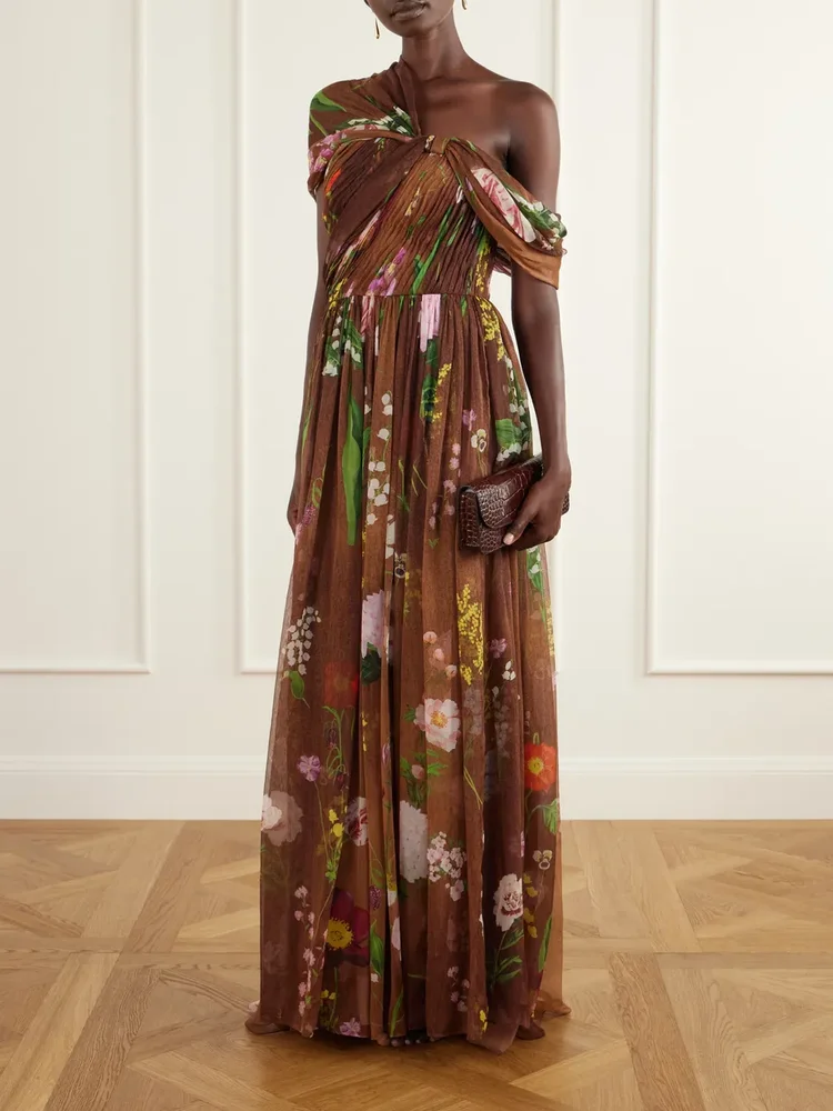 Off-the-shoulder pleated floral-print silk-chiffon gown