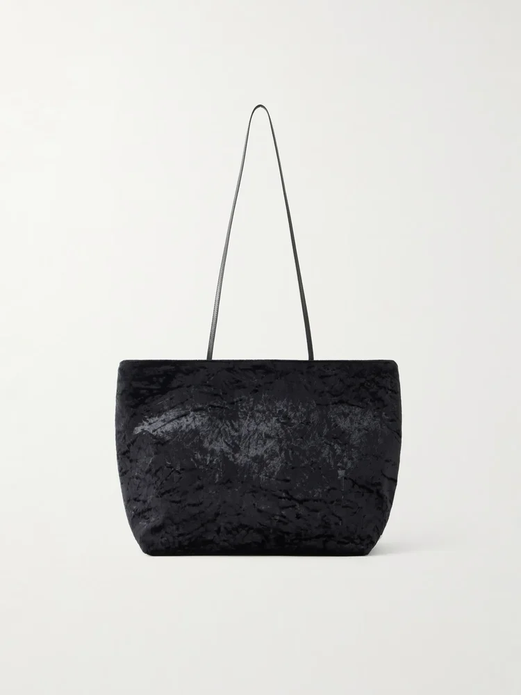Spaghetti leather-trimmed crushed-velvet shoulder bag
