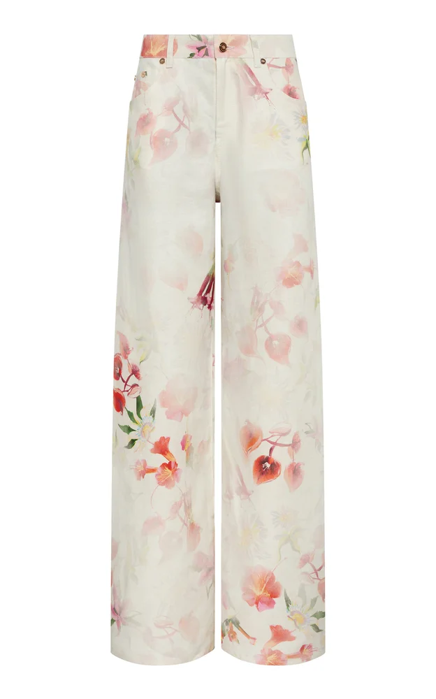 Amoret Printed Linen Barrel-Leg Jeans