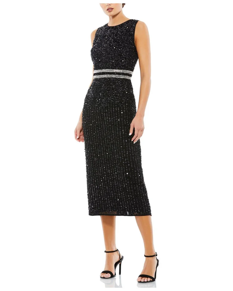 Sleeveless High Neck Beaded Midi Sheath Dress