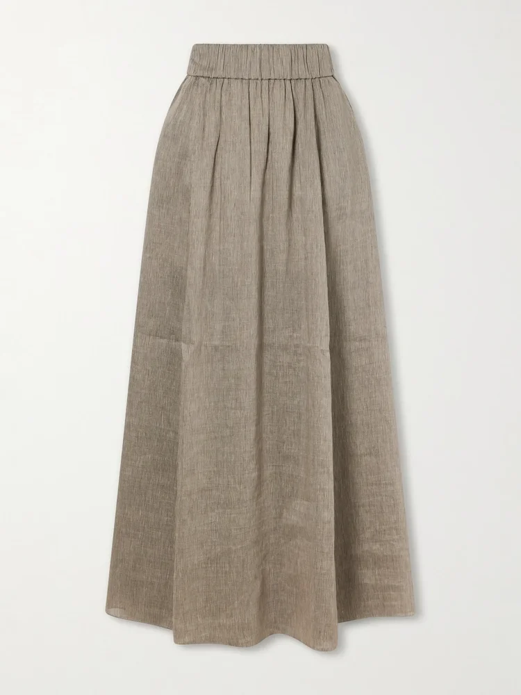 Aria striped linen and silk-blend maxi skirt
