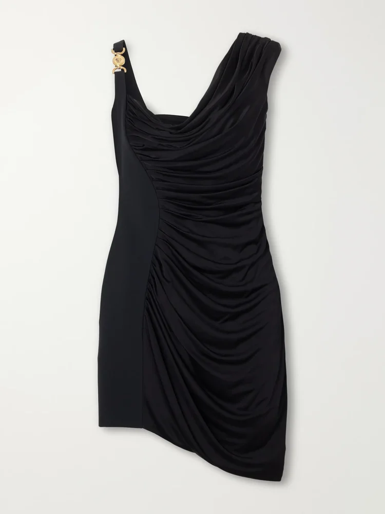 Medusa-embellished gathered satin-crepe mini dress