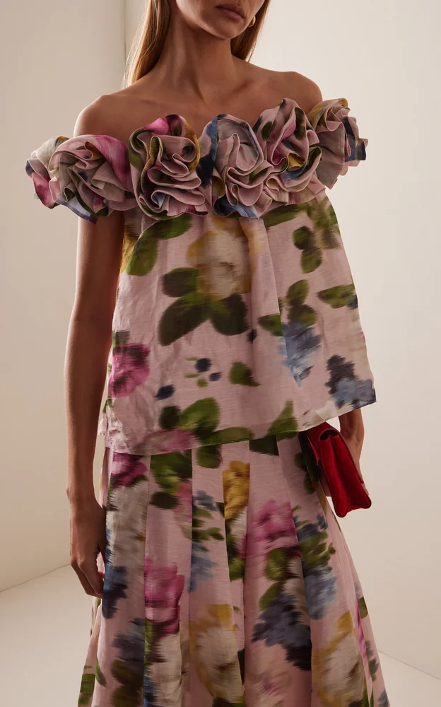 Off-the-Shoulder Floral Silk Rosette Top