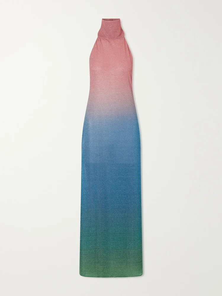 Lumière Candy ombrè metallic stretch-knit halterneck maxi dress