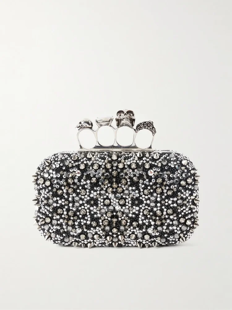 Studded crystal-embellished satin clutch