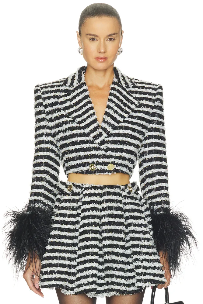 Tweed Cropped Jacket With Feather Cuffs