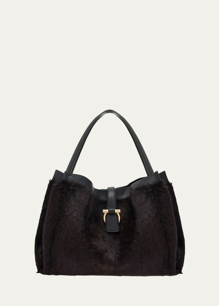 Large Mink-Effect Fur & Leather Tote Bag
