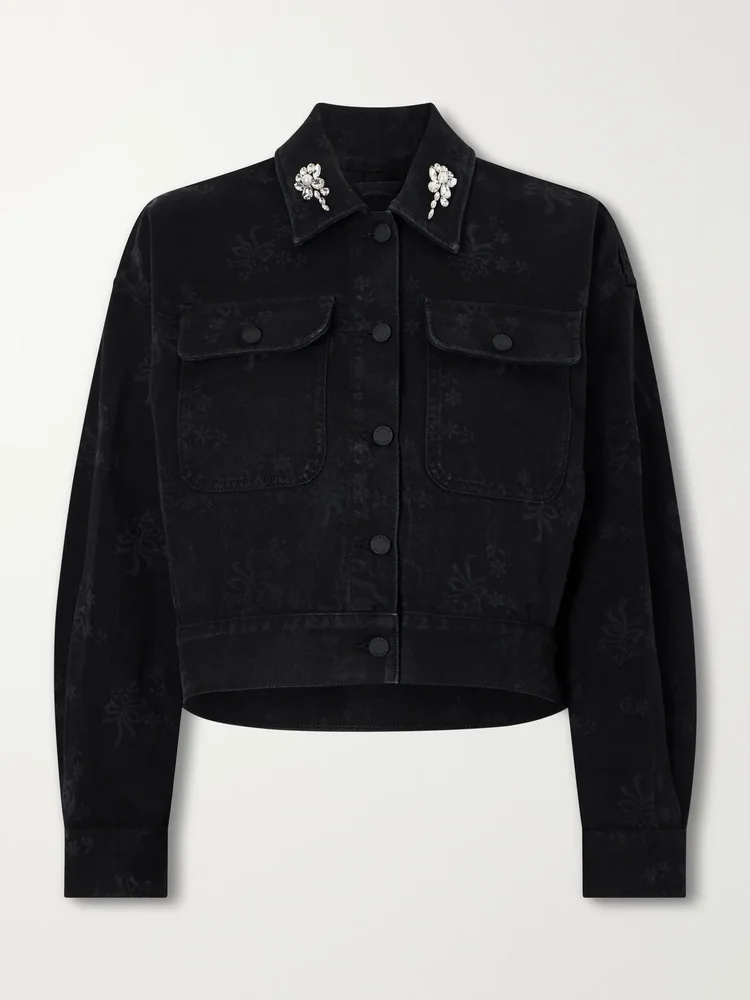 Crystal-embellished floral-print denim jacket
