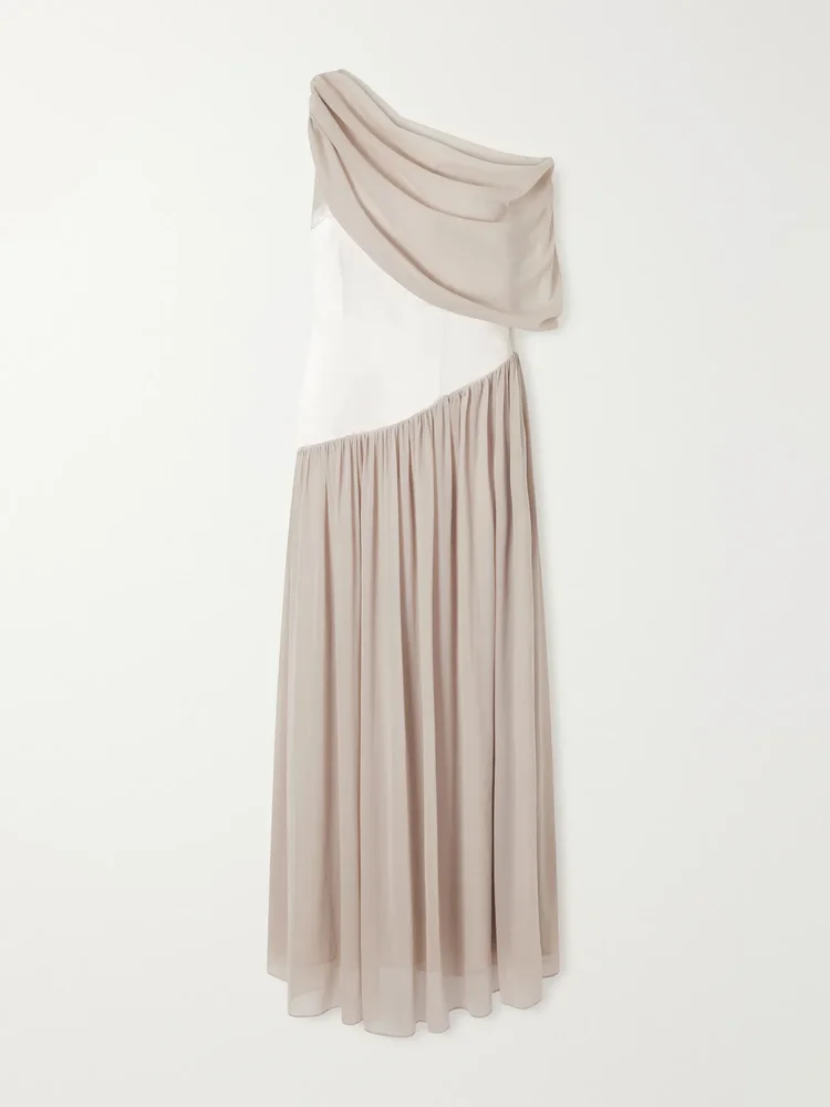 Gwyneth asymmetric draped satin-trimmed gerogette gown