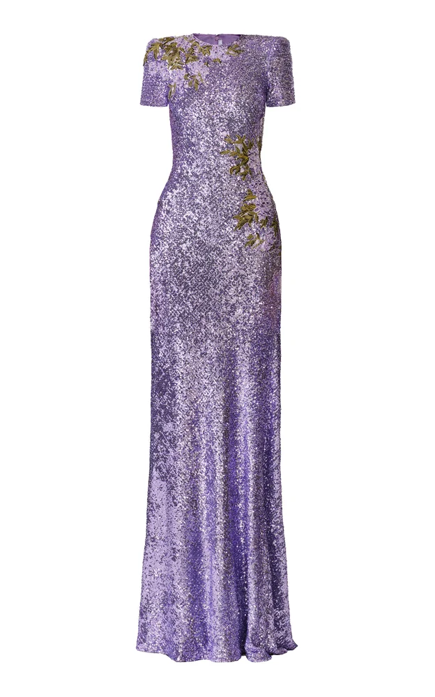 Short Sleeve Applique Sequined Gown