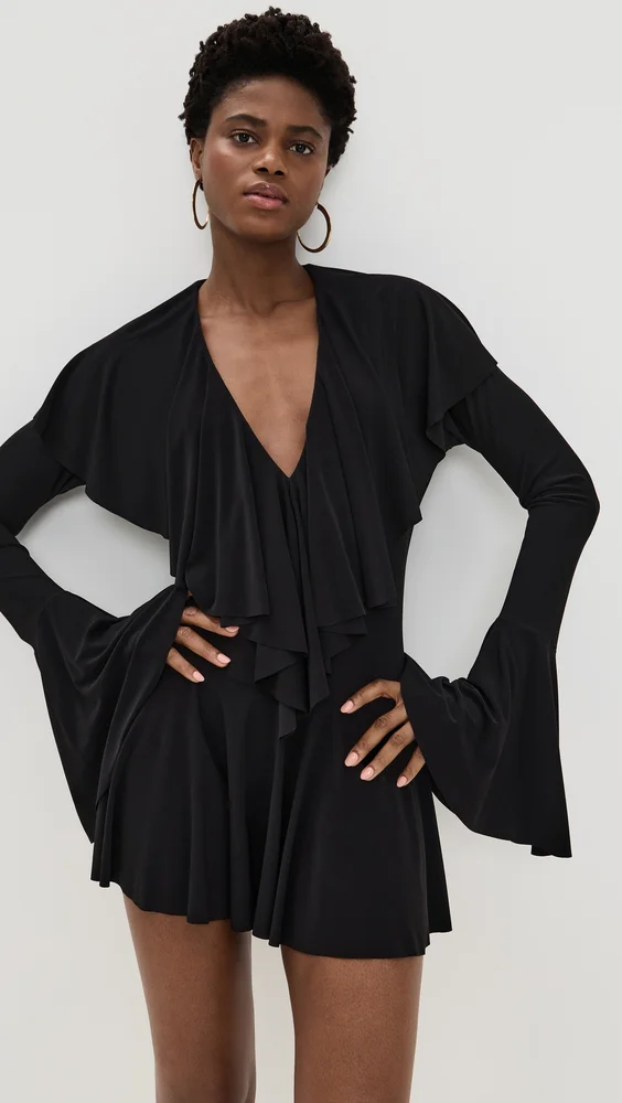 Long Sleeve Deep V Ruffle Mini Dress