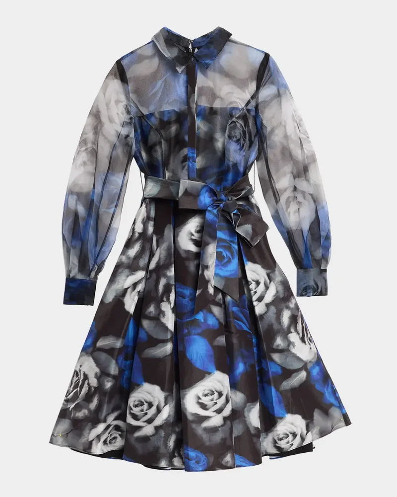 Agatha Belted Floral Organza Midi Shirtdress
