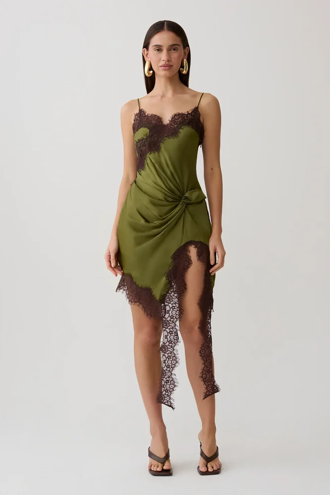 Amber Satin And Lace Mini Dress - Olive
