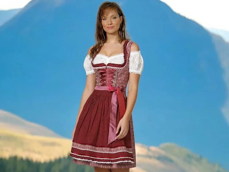 Bordeaux Dirndl 55 cm Cotton Floral – Apron included, Satin ribbon & bodice hooks, Oktoberfest Dirndl dress, Austrian Bavarian traditional costume