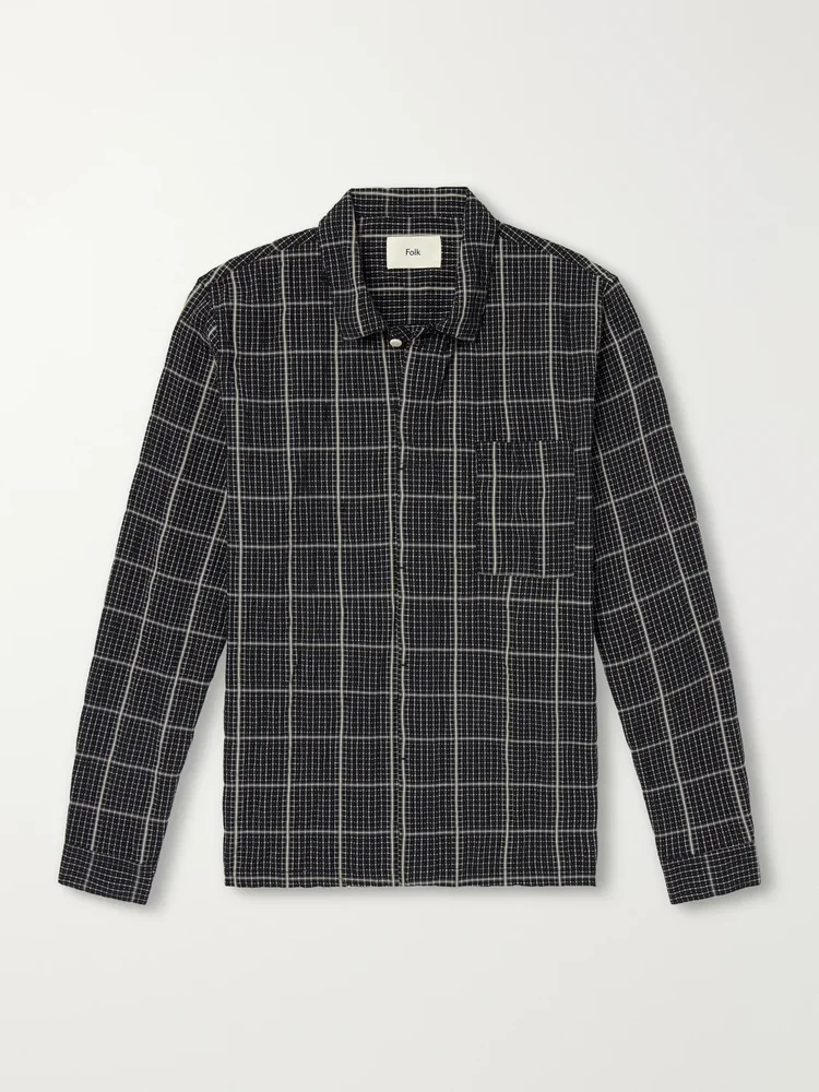 Patch Checked Cotton-Blend Seersucker Shirt
