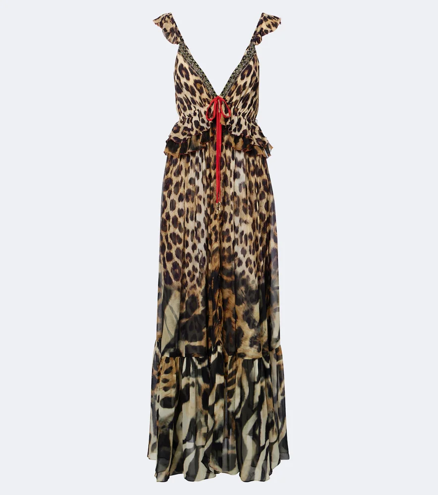 Embellished leopard-print silk chiffon maxi dress