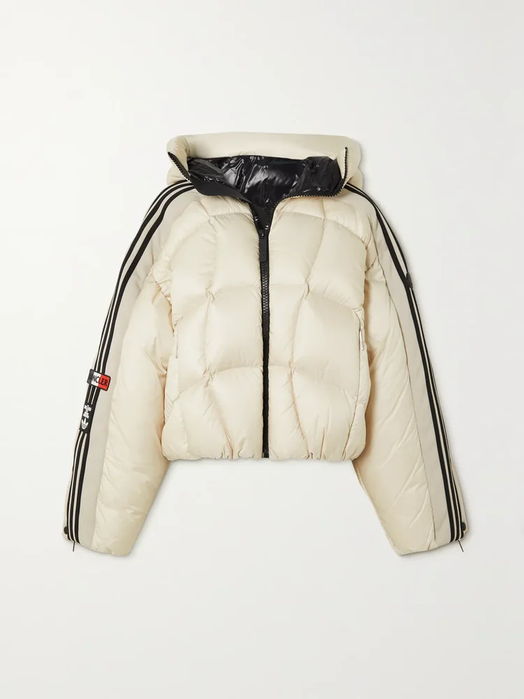 + adidas Originals cropped hooded striped quilted shell down jacket