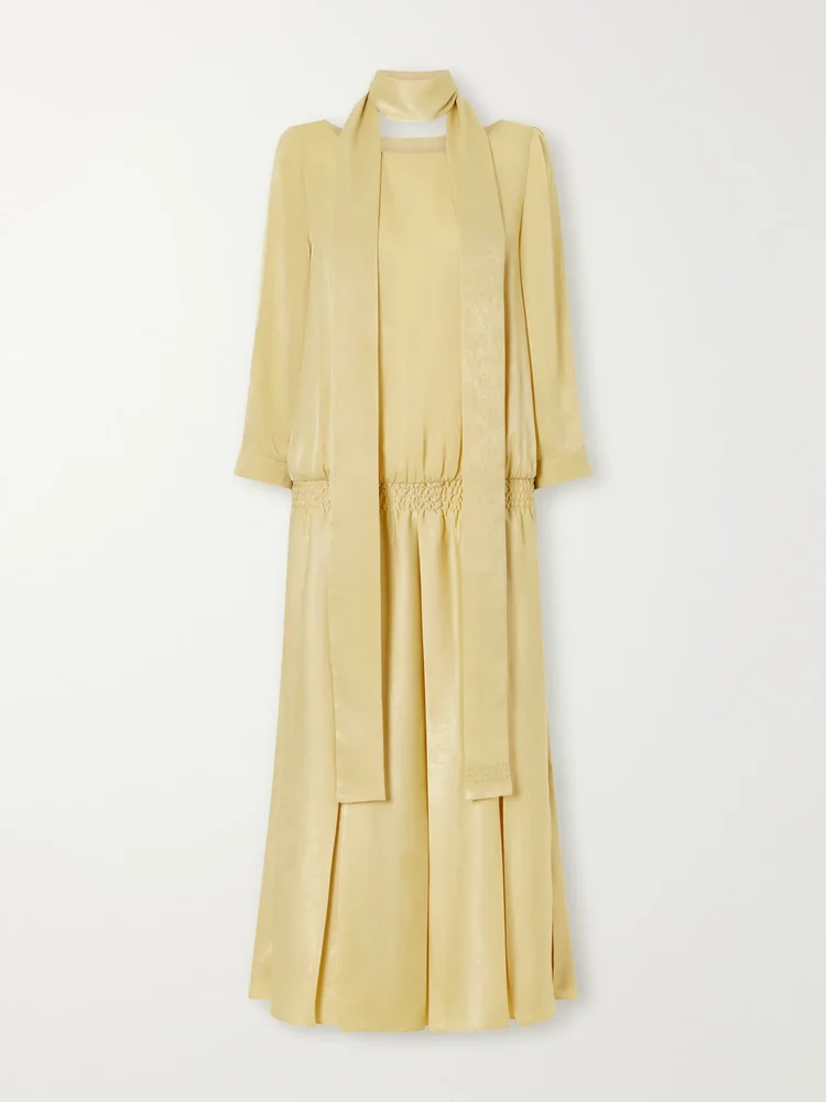 Scarf-detailed gathered pleated habotai midi dress
