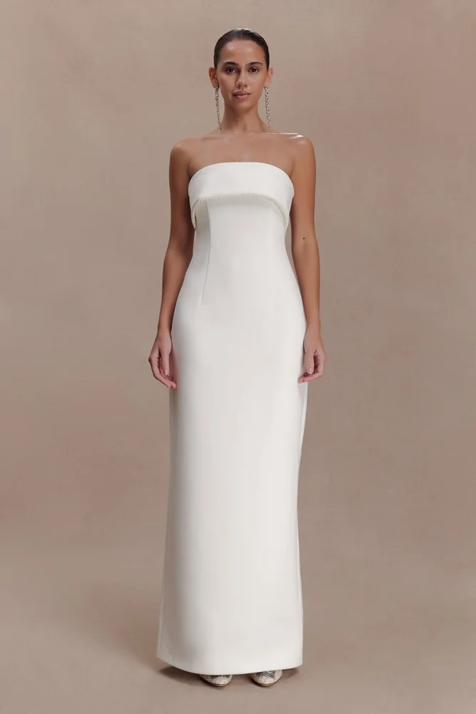 Sloane Strapless Maxi Dress With Pearls - White
