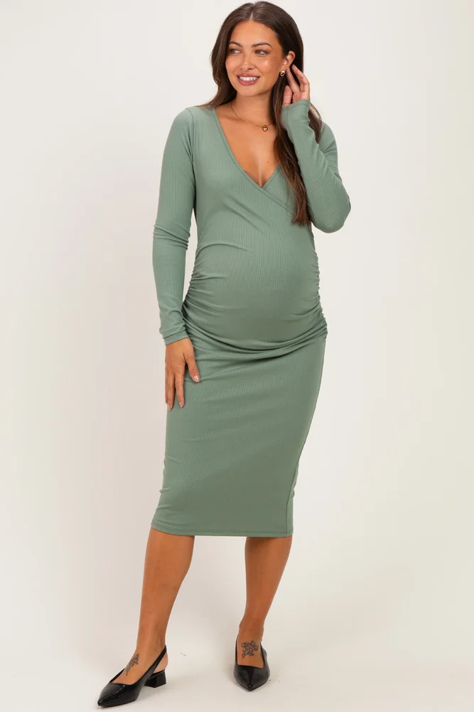 Sage Long Sleeve Wrap V-Neck Maternity Nursing Midi Dress