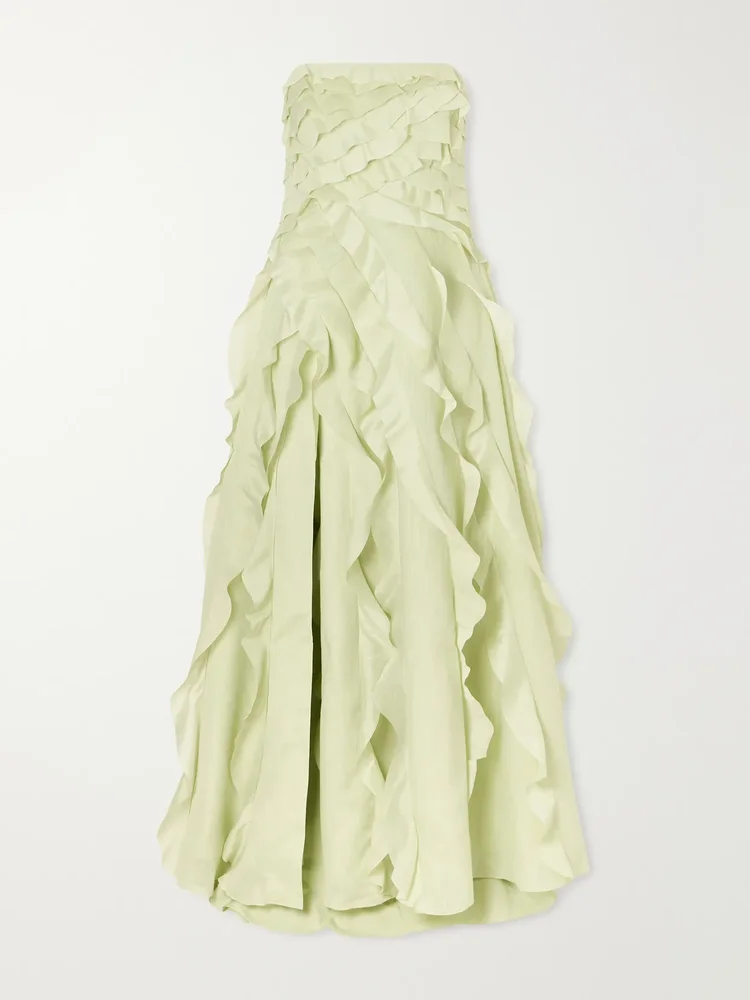 Allairie strapless ruffled shirred faille gown