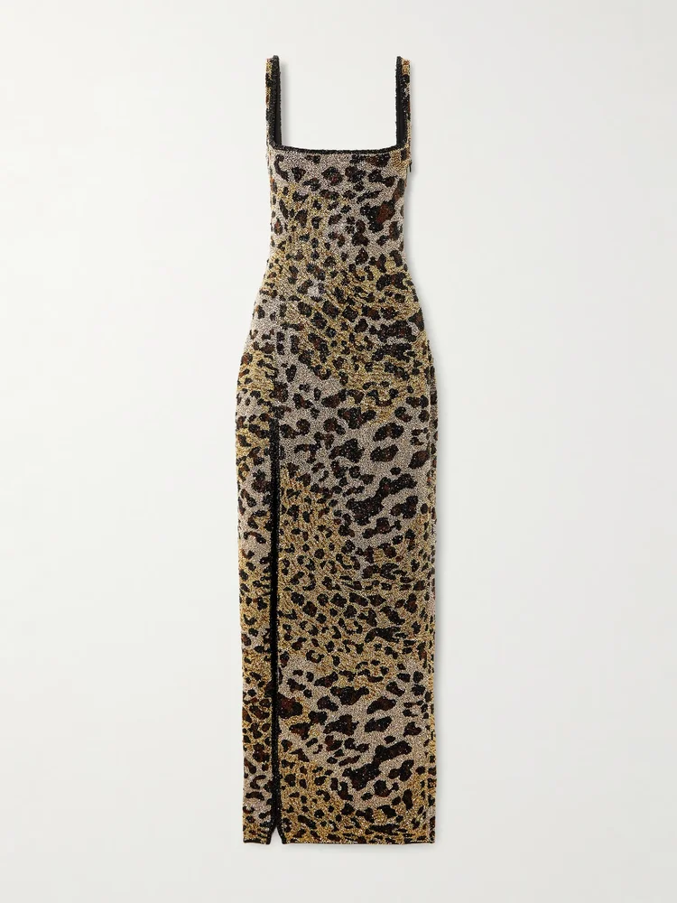 Eartha embellished leopard-print stretch-mesh gown