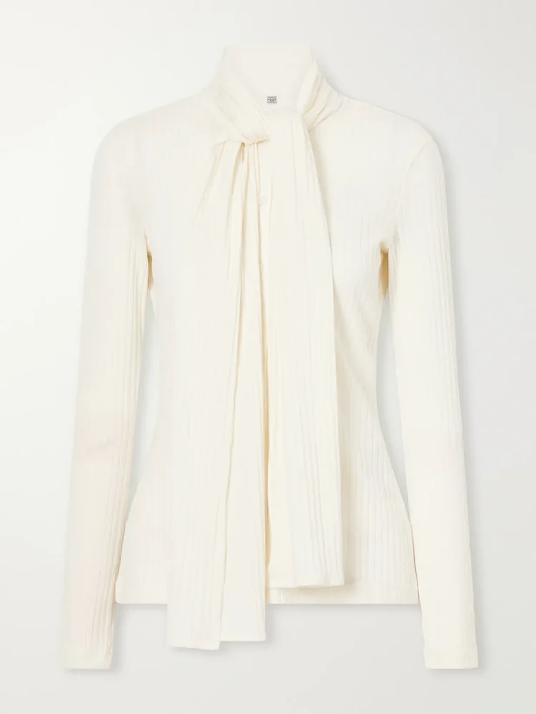Scarf-detailed ribbed lyocell-blend blouse