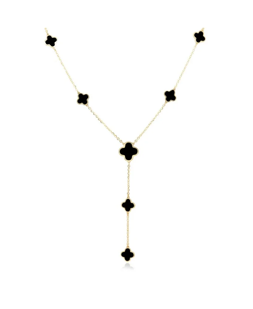 Onyx Clover Station Lariat Necklace 14K Yellow Gold