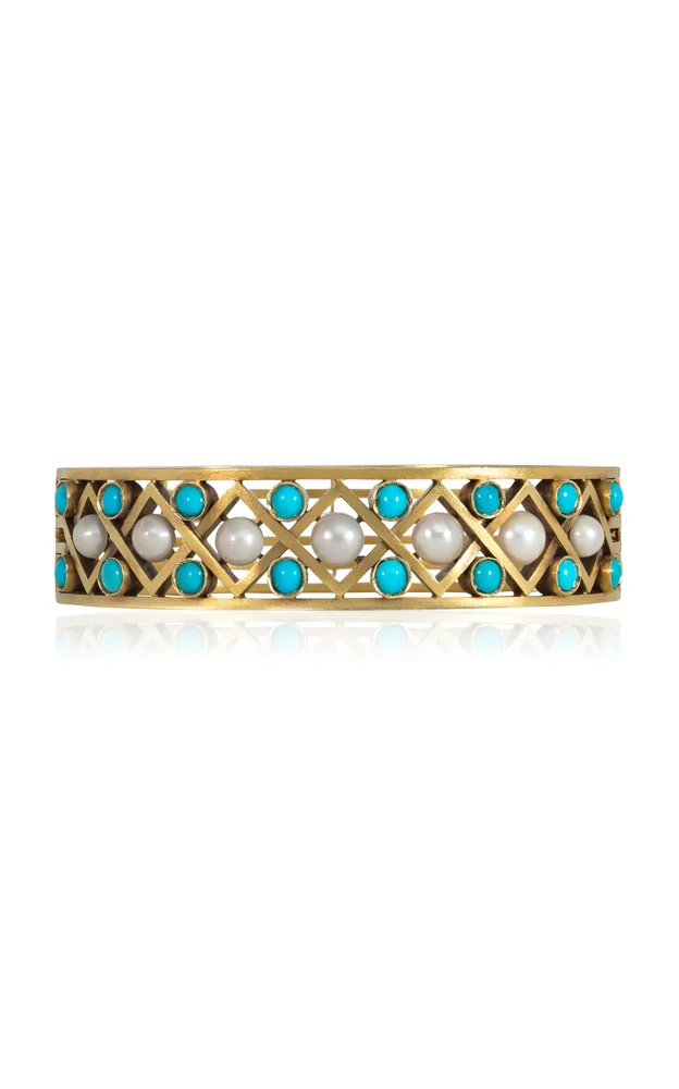 Russian Antique 14K Yellow Gold Turquoise And Pearl Bracelet