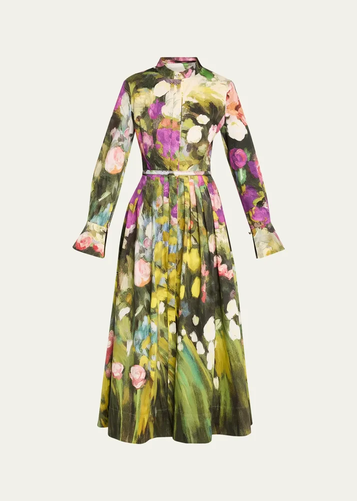 Abstract Garden Cotton Poplin Pleated Midi Day Dress With Belt