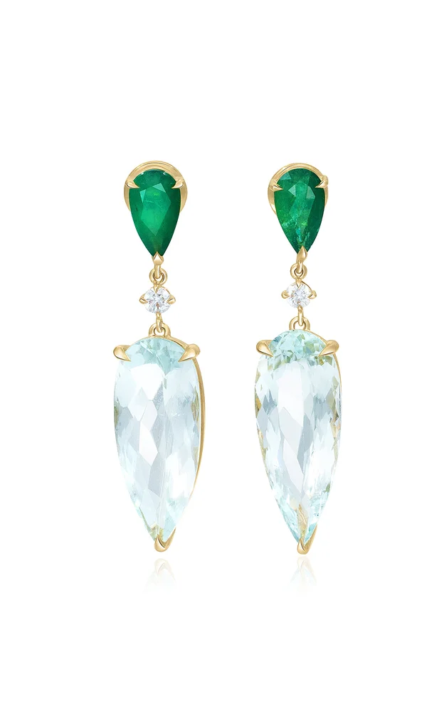 18K Yellow Gold Emerald And Aquamarine Earrings