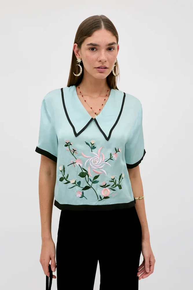 Nicolina Embroidered Satin Top