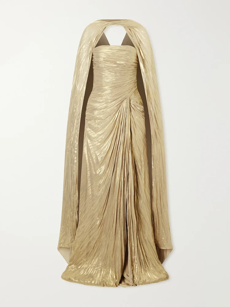 Cape-effect plissé metallic-satin gown