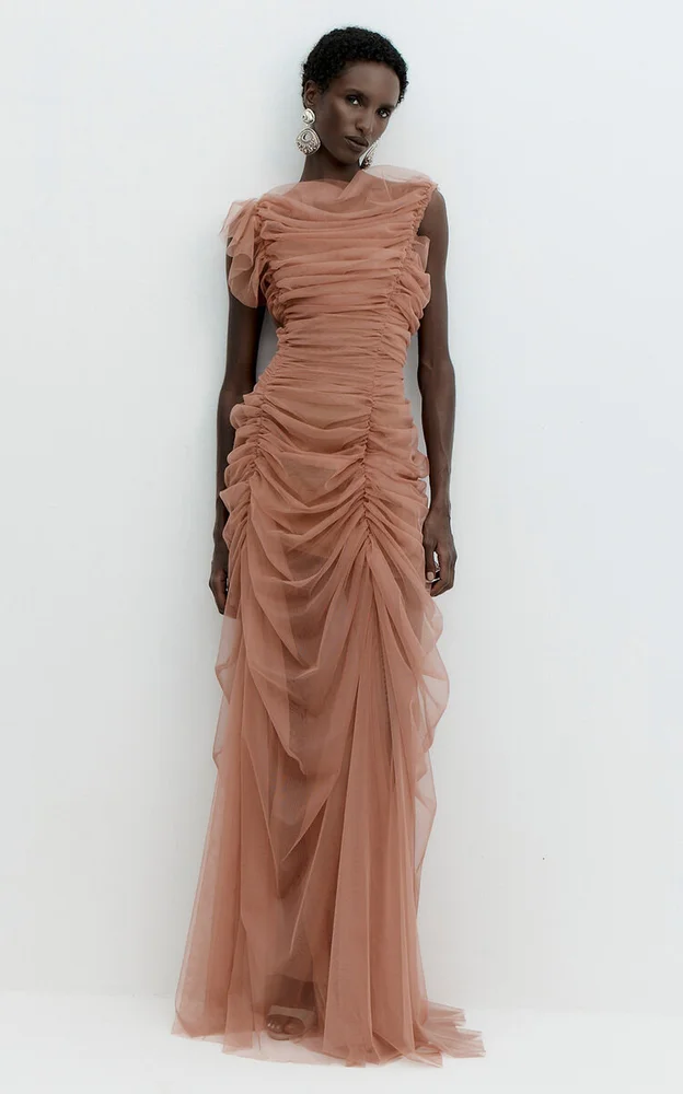 Zarela Asymmetric Gathered Tulle Maxi Dress