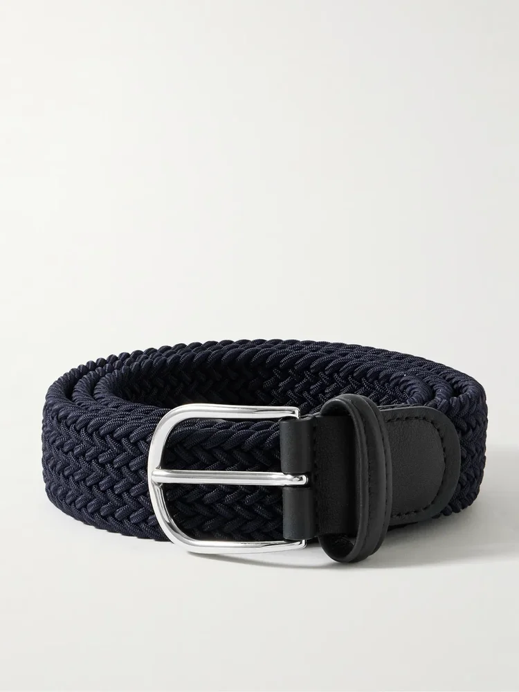 3.5cm Leather-Trimmed Woven Elastic Belt