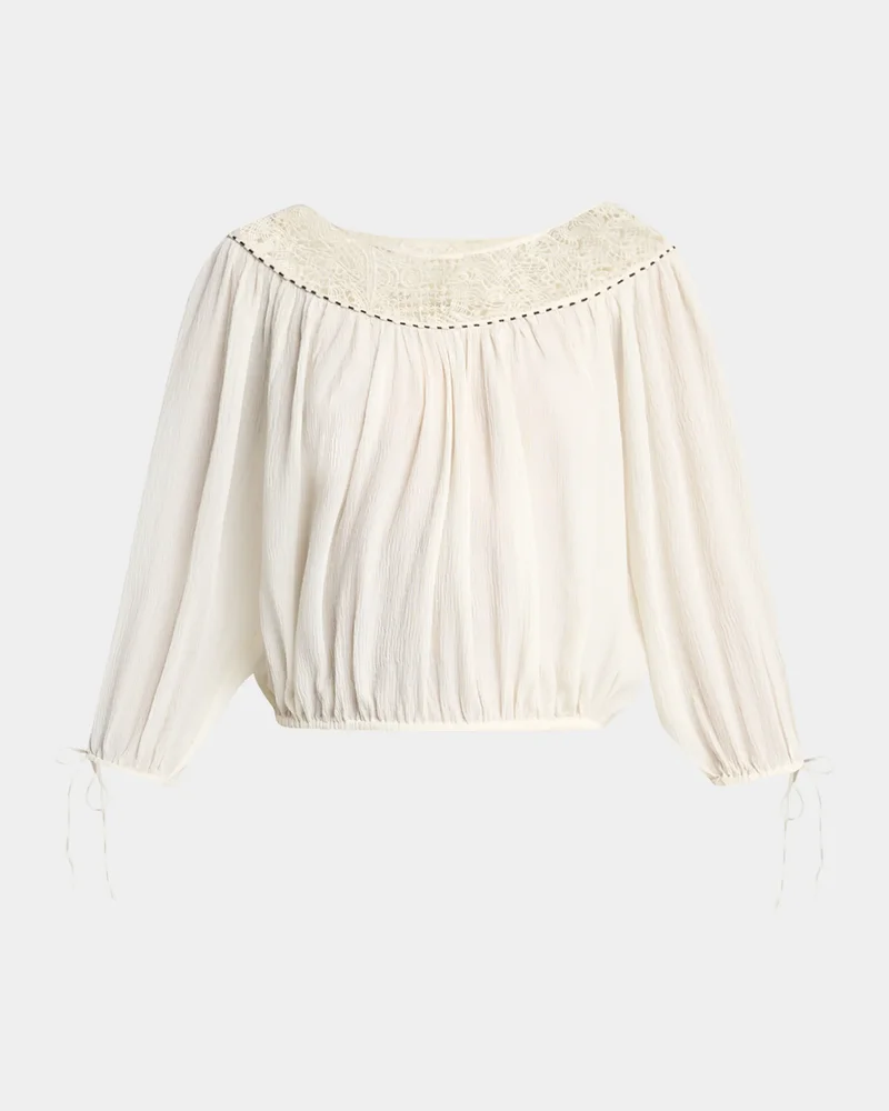 Nelida Guipure Lace-Trim Silk Gauze Drawstring Blouse