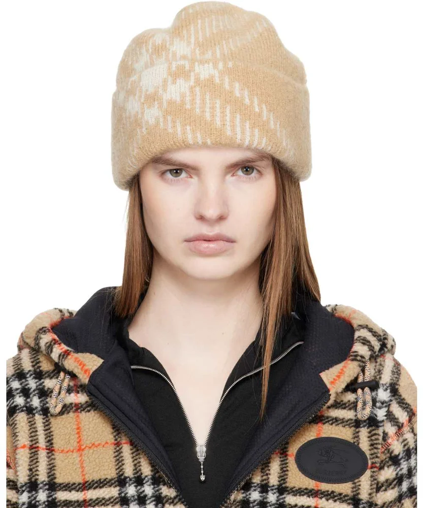 Beige Check Mohair Wool Blend Beanie