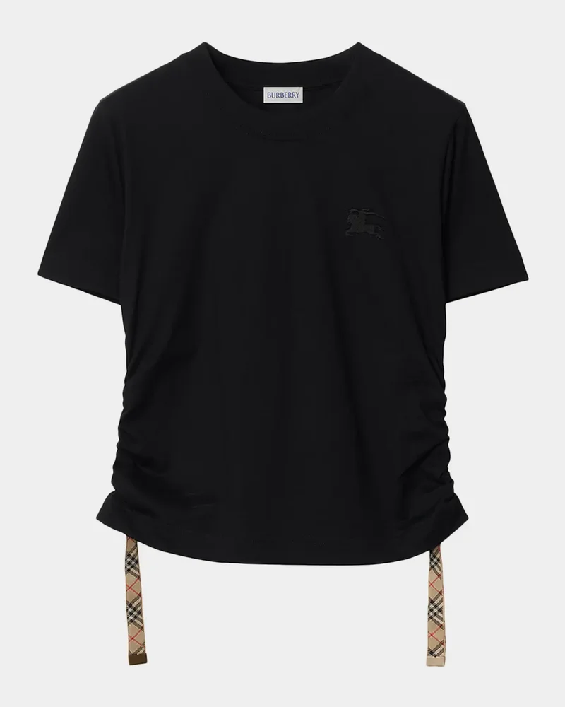 Check-Tie Ruched Short-Sleeve Crop T-Shirt
