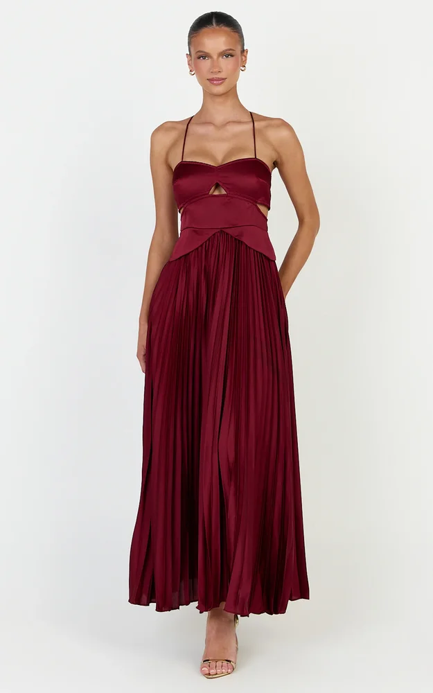 Shay Maxi Dress, Sweetheart Cut Out Pleated Dress in Wine