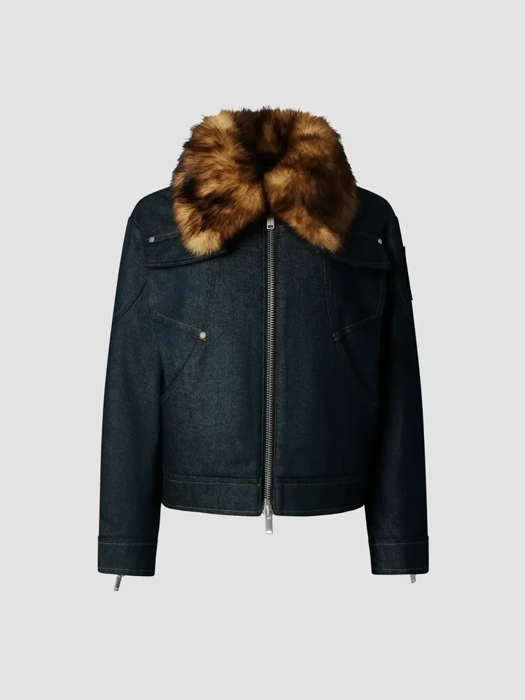 Faux Fur-Trim Denim Down Trucker Jacket