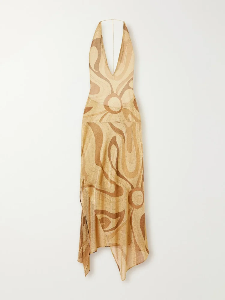 Asymmetric embellished printed mesh halterneck midi dress