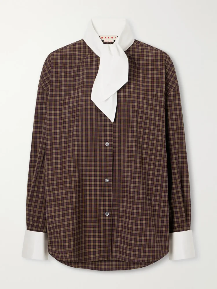 Scarf-detailed checked cotton-poplin shirt