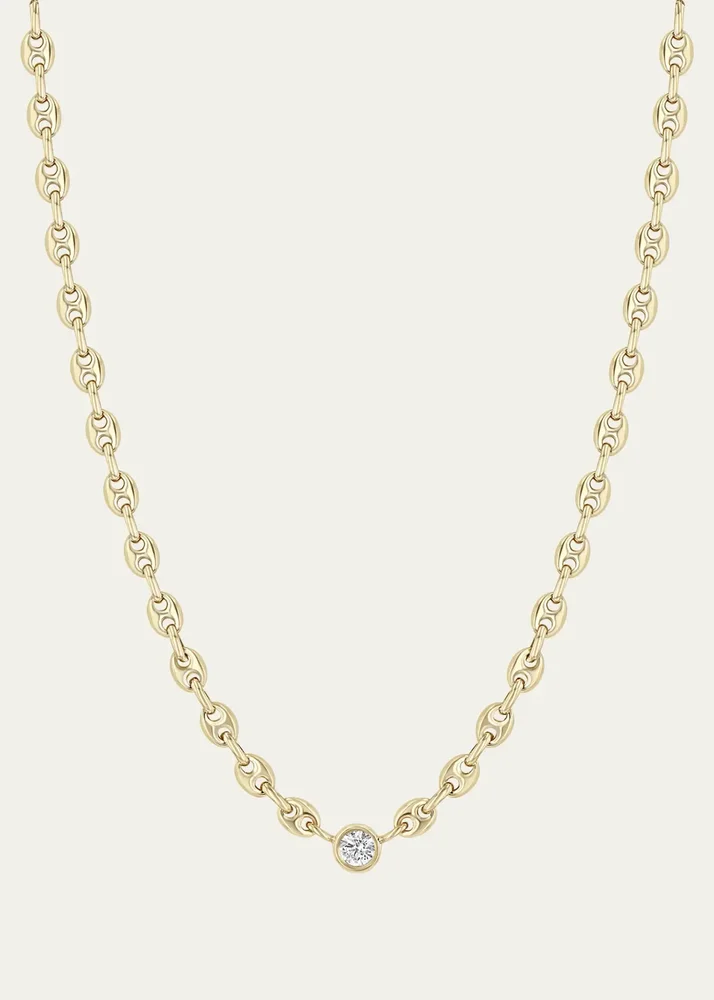14K Small Puffed Mariner Chain Diamond Necklace