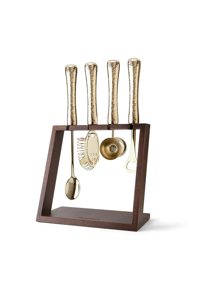 4 Piece Bar Tool Set with Stand, Brass Metal Handles
