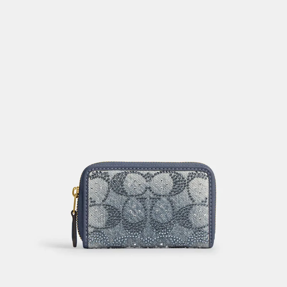 Essential Small Zip Around Card Case in Denim With Crystal Signature