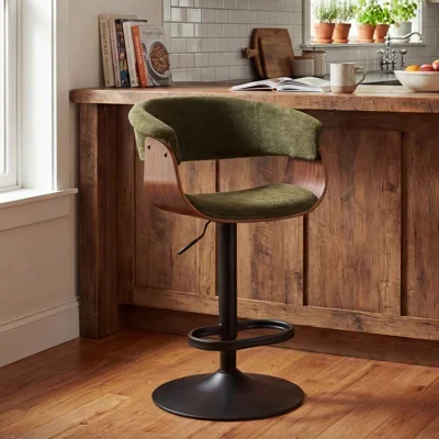 Green Adjustable Height Bar Stools With Fabric Seat Swivel Stool With Backrest For Kitchen Island, Bar, Home Pub