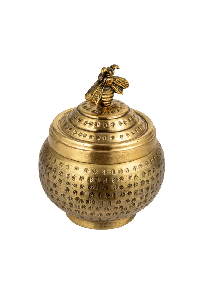 Round Hammered Metal Container with Bee Finial, Brass Finish