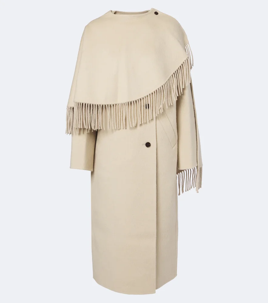 Fringed caped alpaca and wool coat